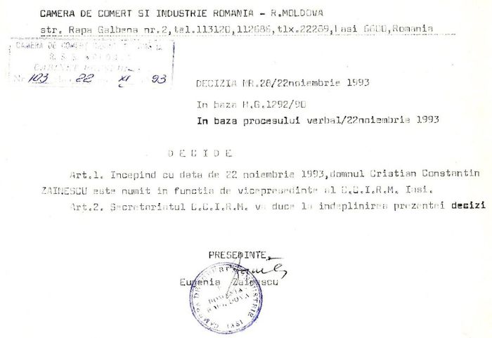C. Zainescu, vicepresedinte al CCIRRM; Iasi, 22 noiembrie 1993

