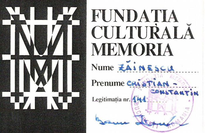 Cristian Zainescu, Legitimatie; Semnata de dr Banu Radulescu, presedintele Fundatiei Culturale Memoria
