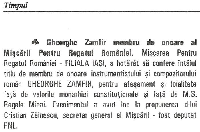 Gheorghe Zamfir, membru de onoare MRR Iasi; Stire din revista Timpul, Melbourne (Australia), noiembrie 1993
