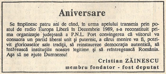 Cristian Zainescu, Opinia Iasi 28 dec.1993; Privind reconstituirea Partidului National Liberal, in decembrie 1989
