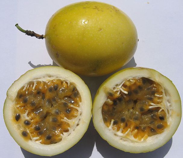 Granadila sau Lilikoi-fruct copt; (Passiflora edulis var.flavicarpa)poate creste de dimensiunea unui grapefruit
