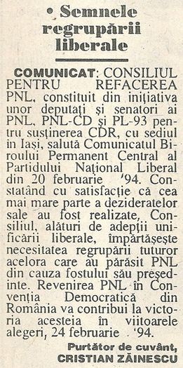 Comunicat pentru unificarea PNL, in 24 Ore, Iasi 25 februarie 1994