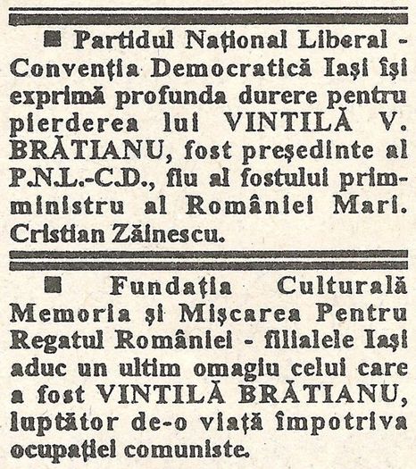 La moartea lui Vintila V. Bratianu; in Monitorul, Iasi 3 iunie 1994
