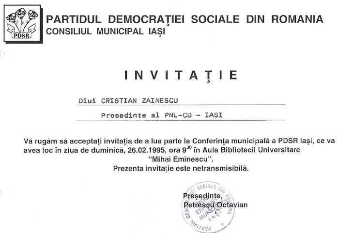 Invitatie de la PDSR Iasi, februarie 1995 - 1994-95