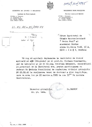 Invitatie la Inst. de Fizica Aplicata Chisinau - 1994-95
