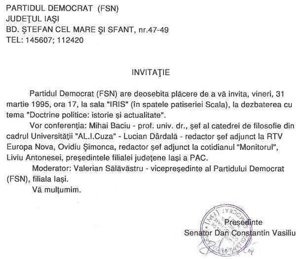 Invitatie de la PD (FSN) Iasi, martie 1995 - 1994-95