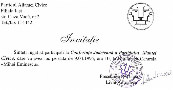 Invitatie de la PAC Iasi, aprilie 1995