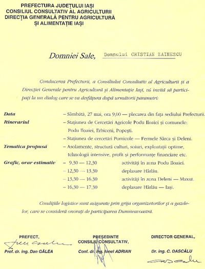 Invitatie de la Prefectura Iasi, mai 1995