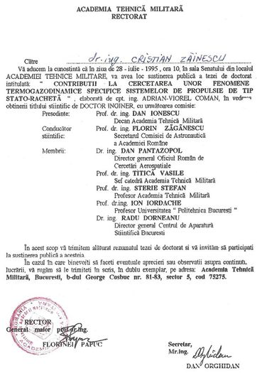 Invitatie, doctorat Academia Militara; Bucuresti, iulie 1995
