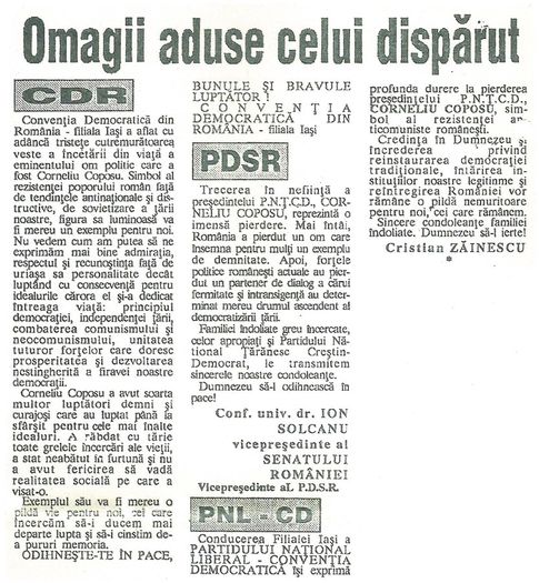 La moartea seniorului Corneliu Coposu; In Opinia, Iasi 13 noiembrie 1995
