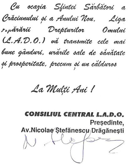 Felicitare de la Presedintele LADO, Bucuresti ianuarie 1996