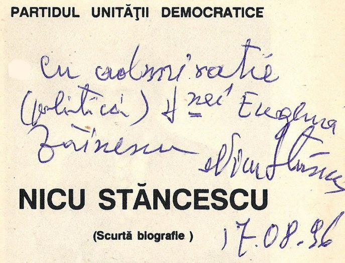 Dedicatie sotiei de la Nicu Stancescu; Bucuresti 1996
