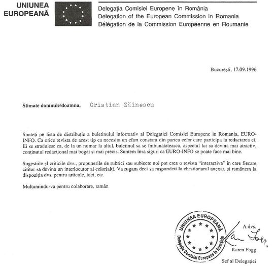 De la Delegatia Comisiei Europene; Bucuresti, septembrie 1996
