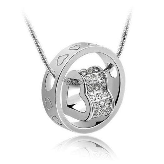 Love Heart Lucky Ring Pendants Silver Necklace Chain Rhinestone; Lantisor placat cu argint, pandantiv inel cu inimioara in interior.
