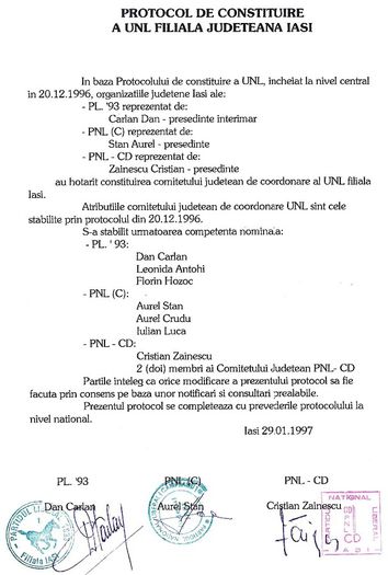 Protocolul micii unificari liberale in UNL; Iasi, ianuarie 1997
