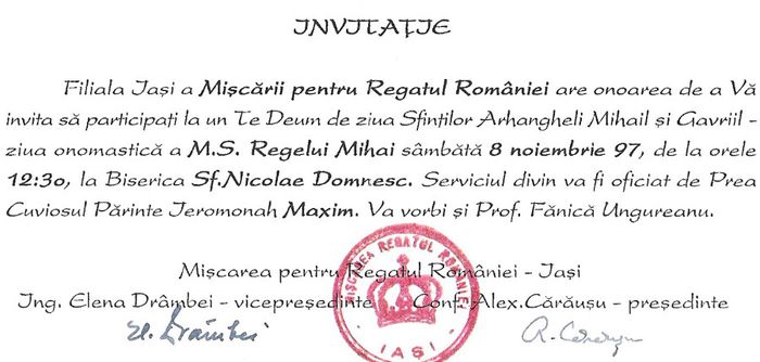 Iasi, Invitatie la onomastica M.S. Regelui Mihai - 1997