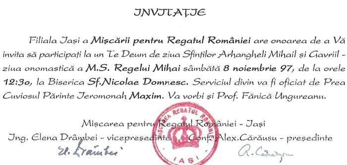 Iasi, Invitatie la onomastica M.S. Regelui Mihai