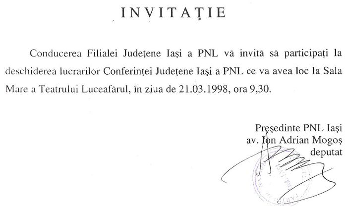 Invitatie de la PNL Iasi, 21 martie 1998; La Conferinta Judeteana
