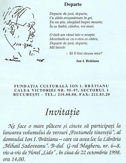 Invitatie de la fostul coleg din Parlament; Ion I. Bratianu (ULB), octombrie 1998
