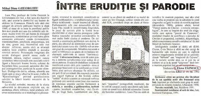 Convorbiri Literare, nr.11, Iasi noiembrie 1998; Eugenia (din eroare, Elena) Zainescu
