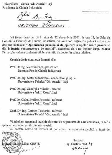 Invitatie la doctorat, Iasi 22 decembrie 2001