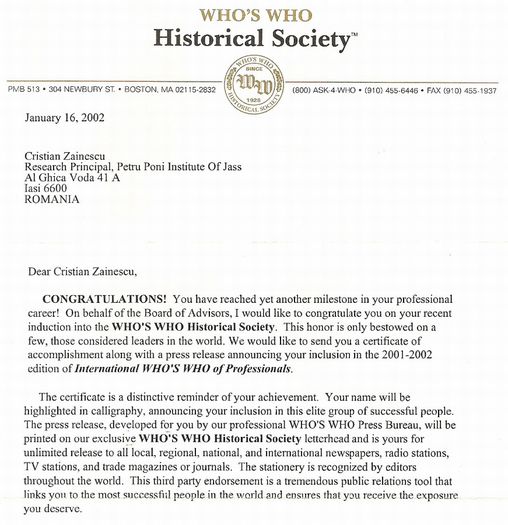 Membru al WsW Historical Society; Boston (USA) 16 ianuarie 2002
