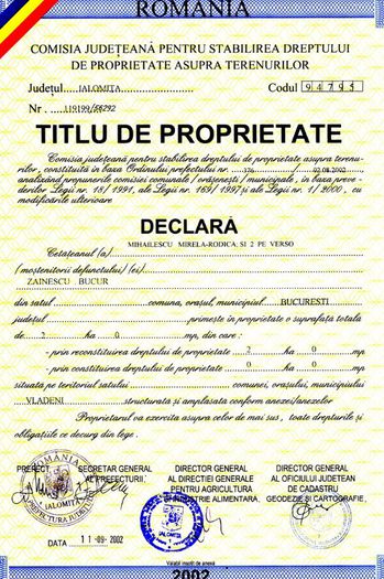 Titlul de proprietate in comuna Vladeni, sept. 2002 - 2001-03
