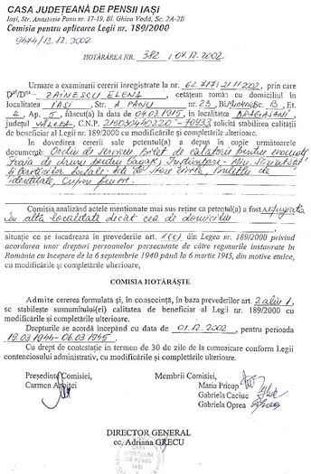Elena Zainescu, Hotarare tardiva de refugiat, Iasi, 7 decembrie 2002 - 2001-03