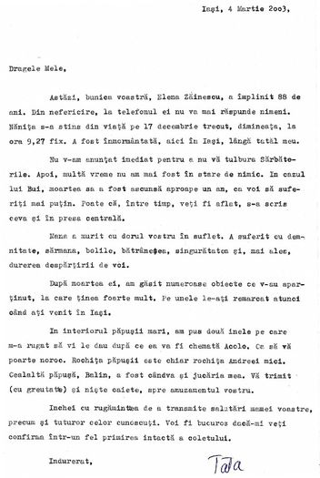 Scrisoare catre Andreea si Veronica Zainescu din Tg. Mures; De ziua mamei, 4 martie 2003
