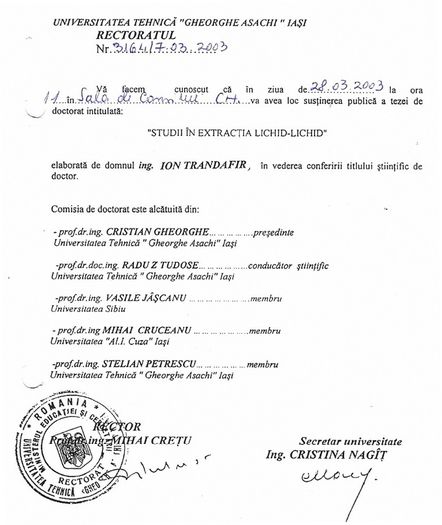 Invitatie la doctorat, Iasi martie 2003; Ion Trandafir din Craiova
