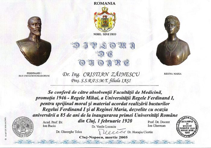 Cristian Zainescu, Diploma de onoare; Cluj-Napoca, martie 2005 (SSRSMT-Societatea Scriitorilor Romani pentru Stiinta, Memorialistica si Tehnica)
