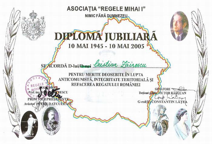 Cristian Zainescu, Diploma jubiliara; Asociatia Regele Mihai I Bucuresti, 10 Mai 2005
