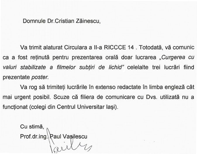 Prof.univ. Paul Vasilescu, adresa; Catedra de Inginerie chimica, Universitatea Politehnica Bucuresti
