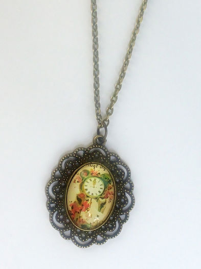 Pandantiv bronz, cabochon din sticla (ceas) - 12 lei - Bijuterii handmade - Seturi_ pandantive cercei inele