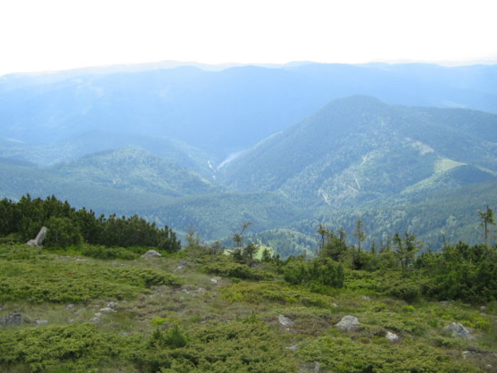 IMG_0094; Vedere spre vest de la staţia meteorologică:în vale, coada lacului Drăgan.
