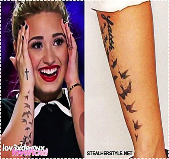 ✚ - Demi a adaugat un stol de pasari ce zboara pe antebratul ei - a story told through tattoos - - cool