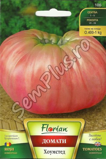 Seminte de rosii roz Homestead - 0,5 grame - 4,99 lei; Varietate de tomate mediu-timpurie, cu flor rosii-roz si cu fructe extrem de mari ajungand in mod normal pana la 1 Kg. Cu gust excelent, potrivite pentru consum in stare proaspata si prelucrate.
