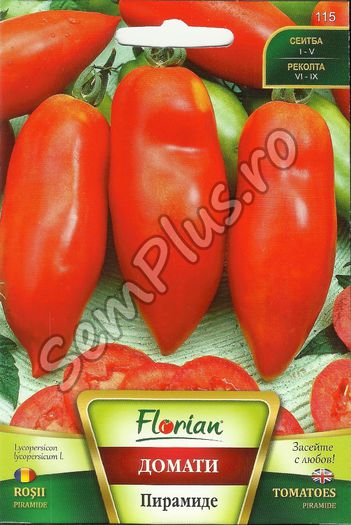 Seminte de rosii piramide Hugo - 0,5 grame - 4 lei; Soi determinat de tomate timpurii si semitimpurii, sub forma de ardei, foarte roditor. Fructele sunt mari cu o suprafata neteda avand culoare rosie intensa, solide, capacul nu formeaza zona verdE
