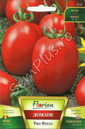 Seminte de rosii prunisoare Rio Fuego - 0,5 grame - 1,99 lei; Un soi determinat de tomate semitimpurii, potrivit de consum in stare proaspata si prelucrare. Fructele sunt alungite, carnoase, de culoare rosie, intensa si solide, cu o greutate de 100-120 grame
