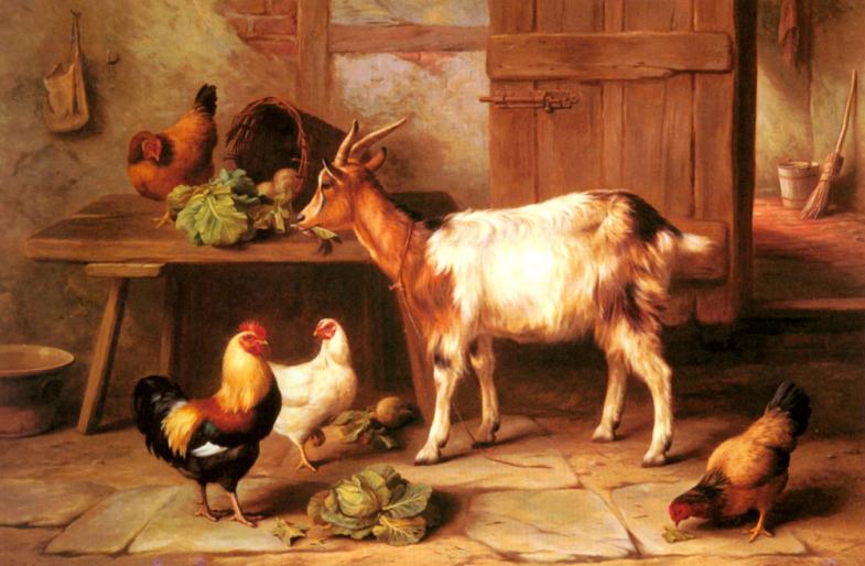 Hunt_Edgar_Goat_And_Chickens_Feeding_In_A_Cottage_Interior - ANIMALE
