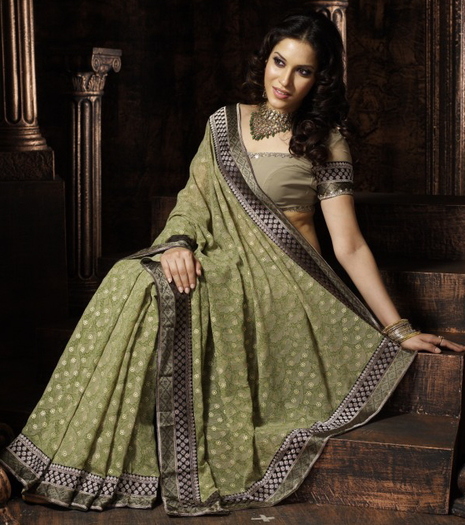 Olive%20Green%20sari%20with%20Banarsi%20Border%203 - saree-uri poze noi