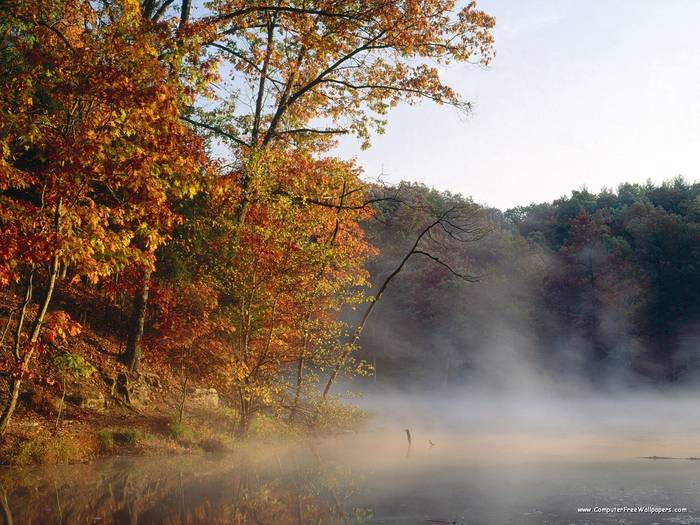Mist and Autumn Color Along Strahl Lake, Indiana - Very Beautiful Nature Scenes