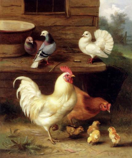 Hunt_Edgar_A_Cockerel_Hen_And_Chicks_With_Pigeons - ANIMALE