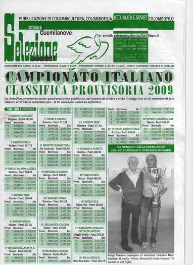 gazeta oficiala a colombofililor in italia - clasif 09