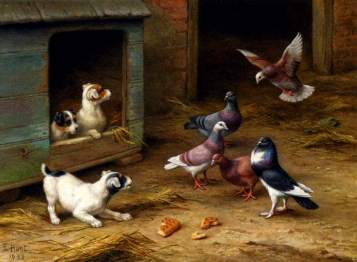 Hunt_Edgar_Puppies_And_Pigeons_Playing_By_A_Kennel - ANIMALE