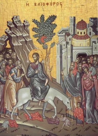 Iisus Hristos intra inIerusalim pe un magar si e intampinat cu ramuri de maslin - Icoane Ortodoxe