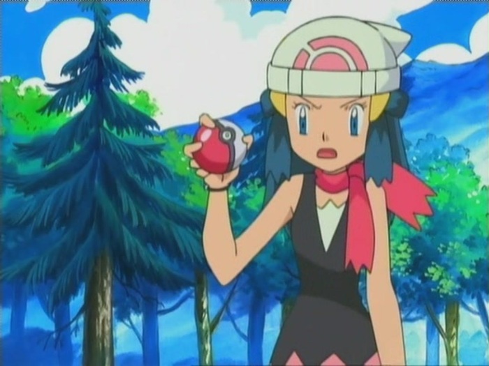 Dawn incercand sa prinda un pokemon. - Dawn