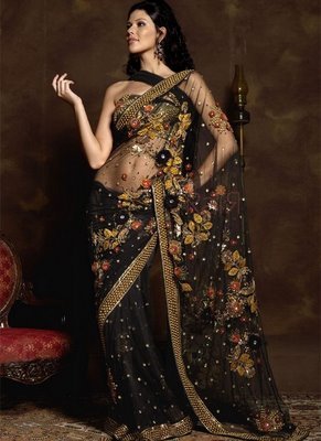 Designer_Black_net_saree - Saree-uri pe care le poarta indiencele si accesorii