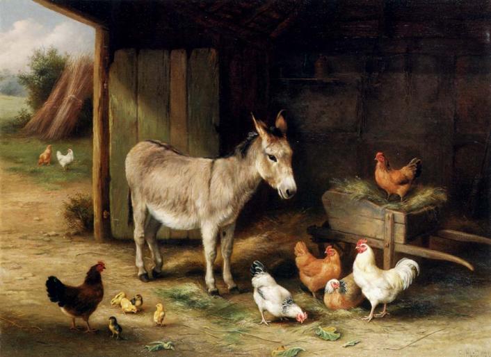 Hunt_Edgar_Donkey_Hens_And_Chickens_In_A_Barn - ANIMALE