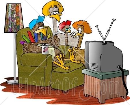 5597-Funny-Turkey-Family-Standing-And-Sitting-Around-Watching-TV-Clipart-Illustration - Funny